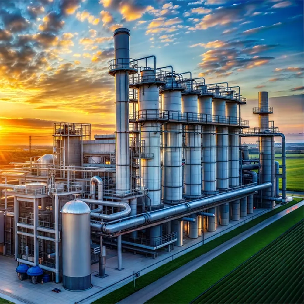 Impianto industriale con condutture e torri sullo sfondo di un tramonto.